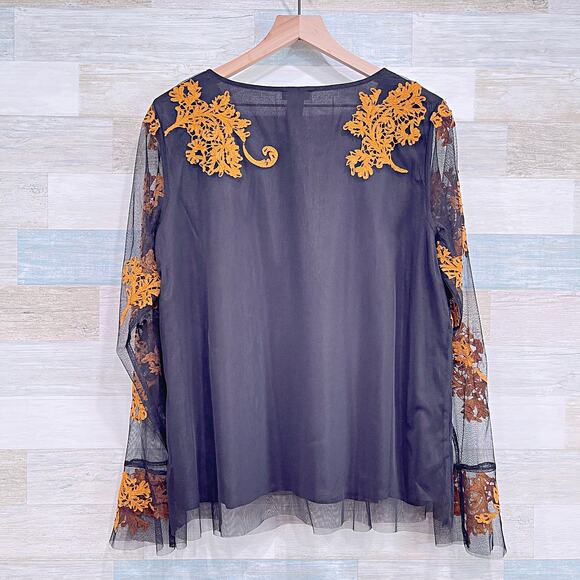 SUNDANCE Sheer Floral Embroidered Top Black Brown Tulle Beaded Boho Womens Large - Picture 5 of 8